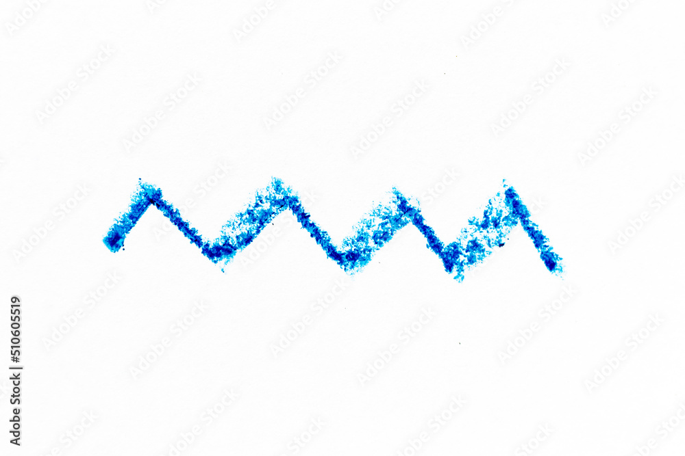 Poster Blue color crayon hand drawing in zigzag line shape on white paper background