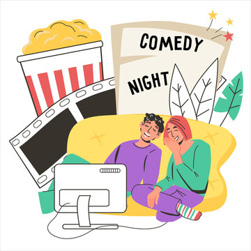 Comedy movie banner template with people watching television and laughing, vector.