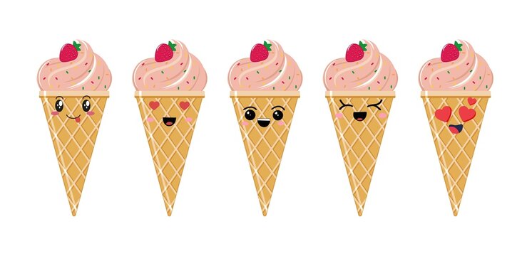 Kawaii style ice cream set, set of cute emoji icons. Hand drawn emotional cartoon characters, funny positive emotions. Vector illustration isolated on white background