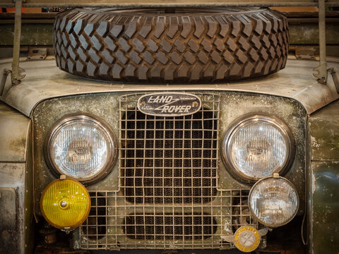 Front view of a heavily weathered original Land Rover Series 1 classic British car in Essen, Germany on March 23, 2022