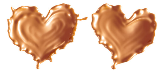 chocolate and caramel splash in shape of heart. 3d illustration. Isolated on background