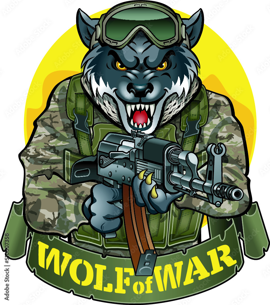 Sticker wolf in military uniform holding assault rifle  