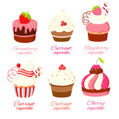 Set of cute cake, muffin, cupcake. Collection of kawaii sweet dessert characters with smiling face and pink cheeks for sweet design. Vector illustration EPS8