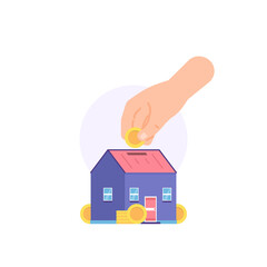 Fototapeta na wymiar investment business, home investment, saving to buy a house. property or real estate business. a businessman keeps money in a house or building. finance. flat cartoon illustration. concept