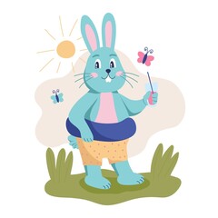 The character is a rabbit with a lifeline and a cocktail. Summer fun. Flat vector illustration