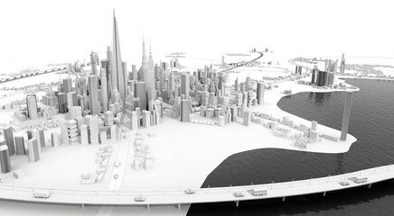 Panoramic view of beautiful modern city with skyscrapers and long bridge over the lake.  3D rendering illustration