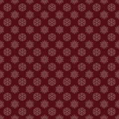 Seamless winter background of white snowflakes arranged in regular rows on dark red background. Winter fairy tale, Christmas symbol.