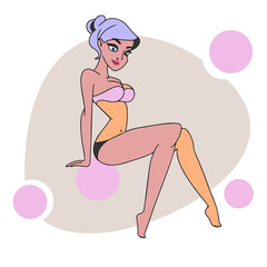 A girl with a slim figure on the beach, in a swimsuit, sunbathes