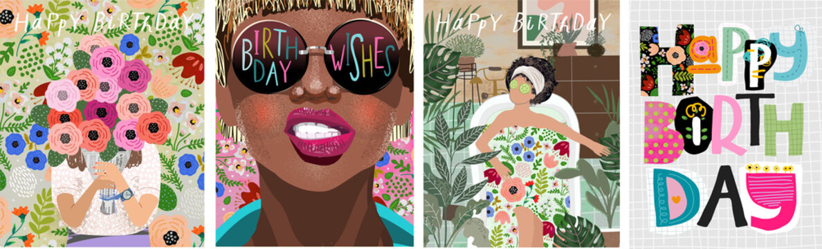 Happy birthday! Vector cute illustrations of a woman with a bouquet of flowers, a spa treatment in the bathroom and a portrait in sunglasses for a card for the holiday of a woman or a girl.