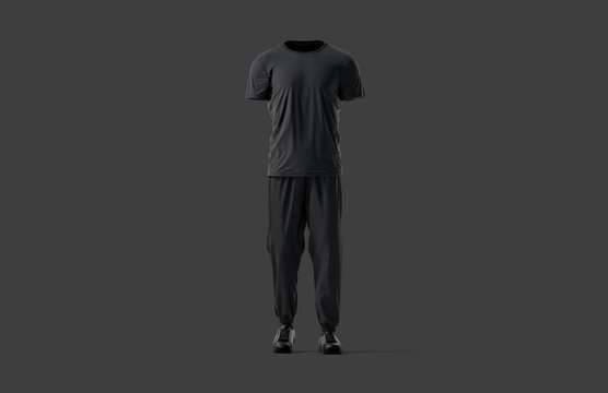 Blank black sport uniform t-shirt and sweatpants mockup, dark background