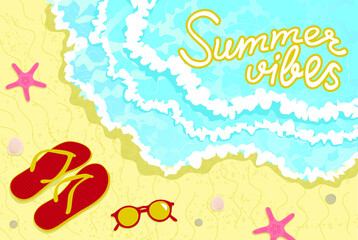 Fototapeta na wymiar Summer vibes. Beach, waves, sun, sea, flip flops, shells, glasses