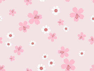 Seamless pattern with cherry blossom Sakura flower and white small flower on pink background vector illustration. Cute floral print.