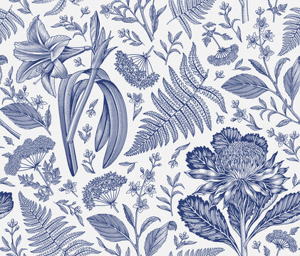 Seamless pattern fabric. Set Amaryllis Waratah Hemlock tree fern. Beautiful realistic isolated tropical Exotic flowers. Vintage background. Wallpaper. Drawing engraving. Vector victorian illustration