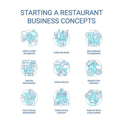 Starting restaurant business turquoise concept icons set. Food trucks and pubs idea thin line color illustrations. Isolated symbols. Editable stroke. Roboto-Medium, Myriad Pro-Bold fonts used