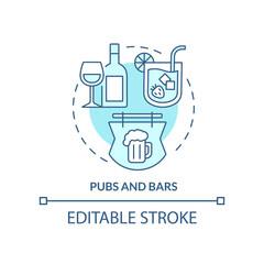 Pubs and bars turquoise concept icon. Food service industry abstract idea thin line illustration. Serve alcoholic drinks. Isolated outline drawing. Editable stroke. Arial, Myriad Pro-Bold fonts used