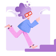 A girl with purple hair, running on the cloud steps