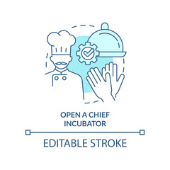 Open chef incubator turquoise concept icon. Profitable restaurant business abstract idea thin line illustration. Isolated outline drawing. Editable stroke. Arial, Myriad Pro-Bold fonts used