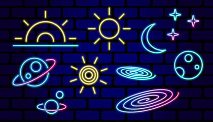 Set of simple space glowing neon icons of planets, sun, moon and stars.