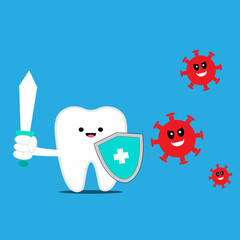 Healthy strong tooth with sword and shield fighting virus and bacteria. perfect for toothpaste product or dental health icons	