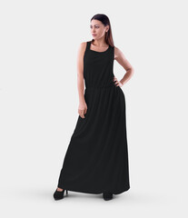 Template of an empty black long sundress, on a girl in heels with a hand on her waist, for design, advertising, pattern, front view.