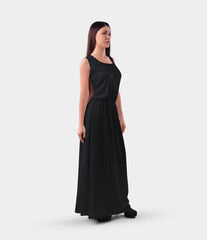 Fototapeta premium Template of an empty black long sundress with an elastic band at the waist, on a girl in heels, isolated on background, front view.