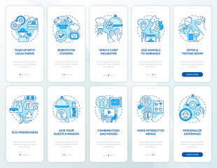Strategic plan for restaurant blue onboarding mobile app screen set. Walkthrough 5 steps editable graphic instructions with linear concepts. UI, UX, GUI template. Myriad Pro-Bold, Regular fonts used