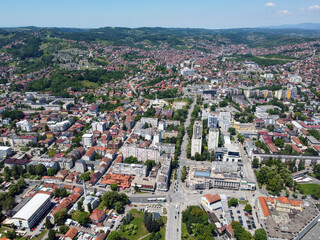 Obraz premium Aerial drone view of Banja Luka, Bosnia and Herzegovina. Buildings, streets, parks and residential houses. City center of Banja Luka, view from above.