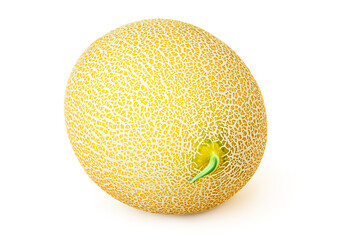 Isolated yellow colorful melon on a white background. Juicy and healthy fruit. Natural bio food to improve digestion and kidney function.