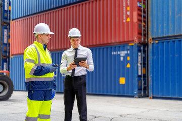 Container yard manager briefing work plan with the supervisor at container yard warehouse.