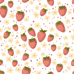 Seamless pattern of strawberries flowers and dots. Hand drawn berries on white background.