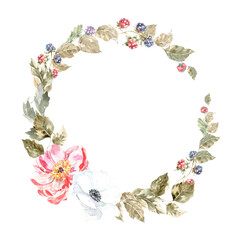 Watercolor boho floral wreath illustration, bohemian flowers arrangement frame, peony,feather,rose,berry frame, woodland wreath for wedding stationery, nursery decor, greenery botanical save the date