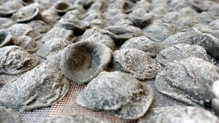 Close-up image of fresh handmade Apulian green orecchiette pasta. Typical Italian pasta recipe