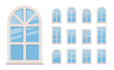 Set Windows in white frames. round windows icon. collection Various windows.