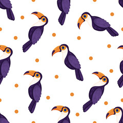 Seamless texture with tropical bird toucan. Pattern vector illustration.