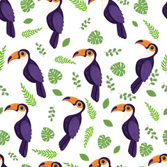 Seamless texture with tropical bird toucan and leaves. Pattern vector illustration.