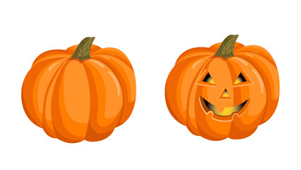 Vector illustration of an orange autumn pumpkin. Pumpkin with a face for halloween.