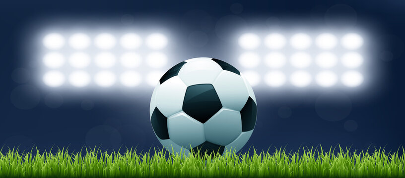 Soccer ball on stadium. Football field background. Soccer football championship. Vector stock