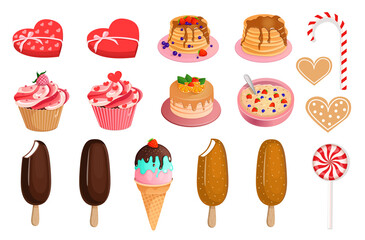 Set of sweets from candies, pancakes, cupcake, cake, cookies, ice cream. Vector collection of illustrations of delicious, high-calorie food.