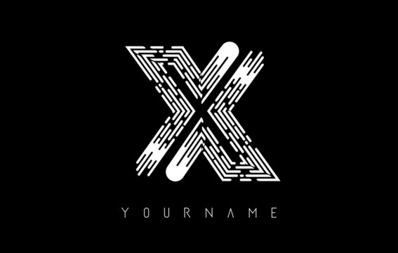 White X letter logo concept. Creative minimal monochrome monogram with lines and finger print pattern.