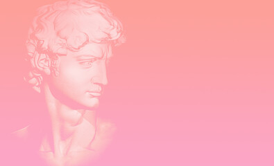 Head of Michelangelo's David Sculpture isolated in neon pink lighting. 3D illustration. Classical sculpture in vaporwave retrofuturistic style.