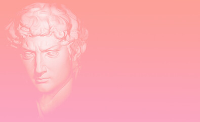 Head of Michelangelo's David Sculpture isolated in neon pink lighting. 3D illustration. Classical sculpture in vaporwave retrofuturistic style.