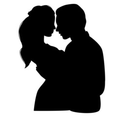 Couple silhouette isolated on white background. Two lovers looking at each other eyes.