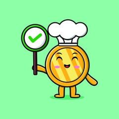 Cute cartoon gold coin chef character holding correct sign in vector fruit character illustration