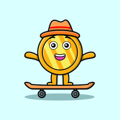 cute cartoon gold coin standing on skateboard with cartoon vector illustration style