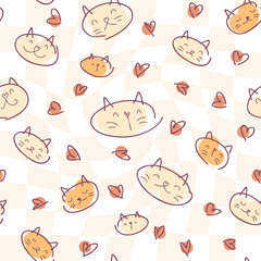 Doodle style seamless pattern of cats and hearts on grid disorted background. Perfect for T-shirt, textile and print. Hand drawn vector illustration for decor and design.