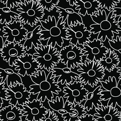 The chamomile flower. Contours of daisies for textiles. Seamless floral texture white of Daisy flower, black abstract background, EPS 8, vector.