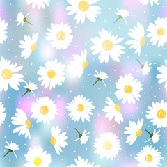 The chamomile abstract background. Silhouettes of white daisies for textiles. Seamless floral texture white of Daisy flower on blue, EPS 10, vector.