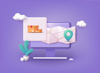 Map with delivery tracking. GPS navigator pointer. 3D Web Vector Illustrations.