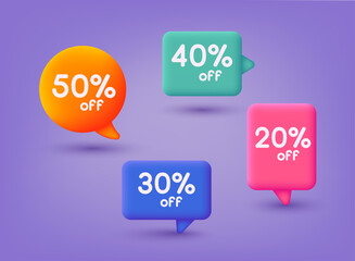 Sale discount icons. Special offer price signs. 10, 20, 25 and 30 percent off reduction symbols. Speech bubbles or chat symbols. 3D Web Vector Illustrations.