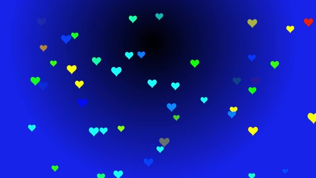 Multi-color floating hearts with blue gradient background.
